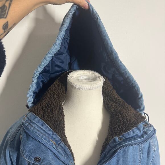 North Style Jacket Women M Blue Denim Quilted Hood Chore Jacket Sherpa Pocket - Picture 9 of 14